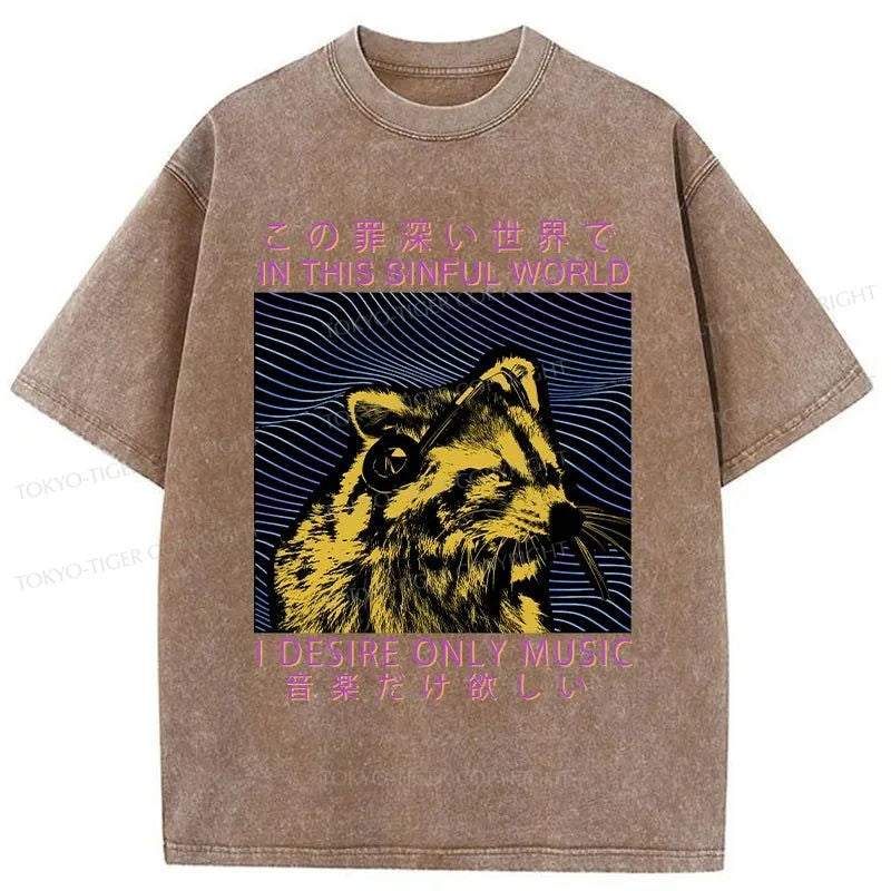 Tokyo-Tiger Raccoon Listening To Music Washed T-Shirt