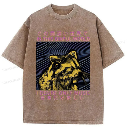 Tokyo-Tiger Raccoon Listening To Music Washed T-Shirt