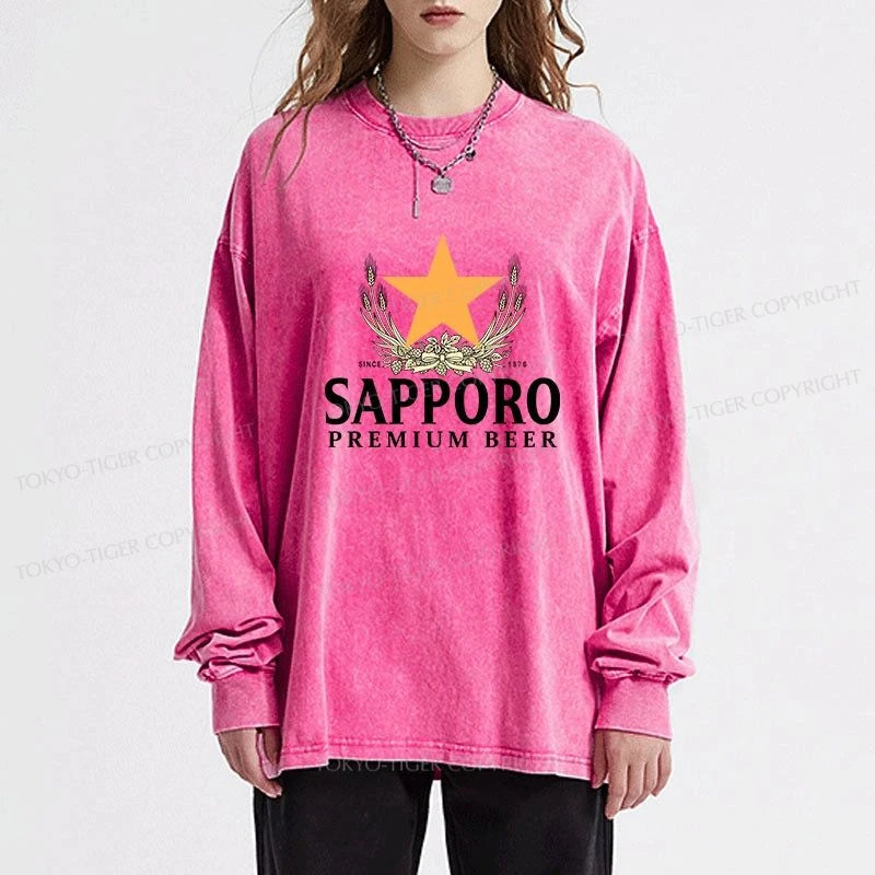 Tokyo-Tiger Sapporo Beer Logo Japanese Washed Long Sleeve T-Shirt