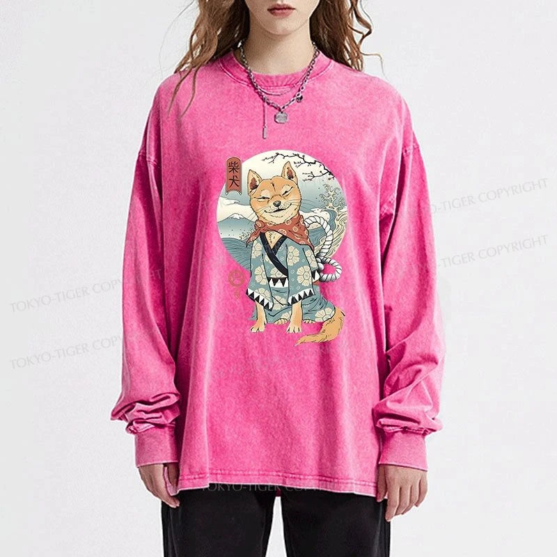 Tokyo-Tiger Samurai Shiba Dog Japanese Washed Long Sleeve T-Shirt