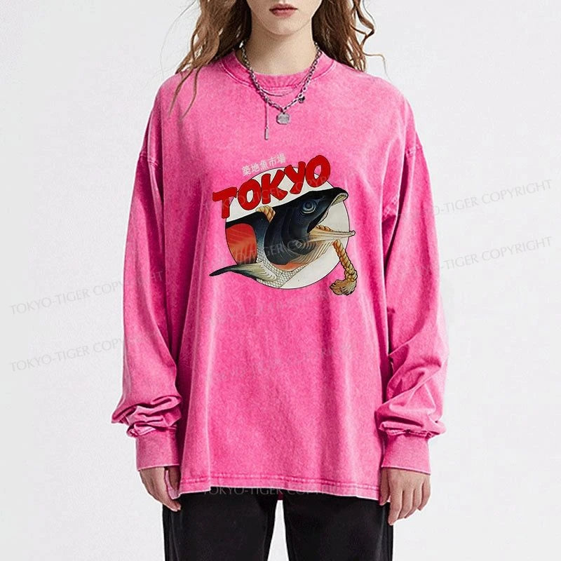 Tokyo-Tiger Vintage Japanese Tsukiji Fish Market Washed Long Sleeve T-Shirt