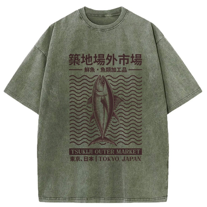 Tokyo-Tiger Wave Tokyo Tsukiji Fish Market Japan Washed T-Shirt