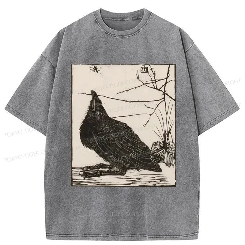 Tokyo-Tiger Crow Print Japanese Washed T-Shirt