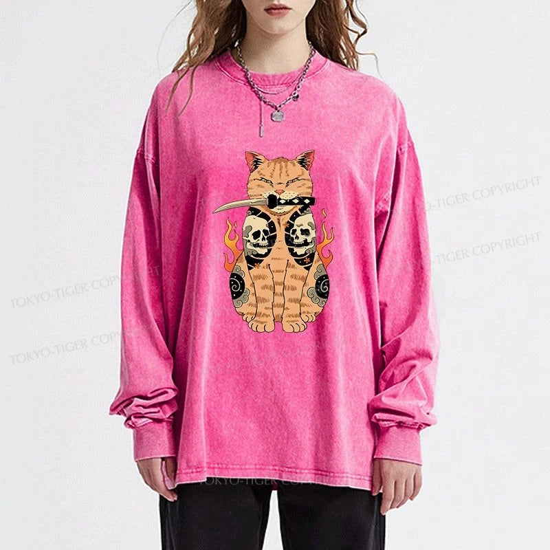 Tokyo-Tiger Catana Cat Skull Tattooed Samurai Washed Long Sleeve T-Shirt