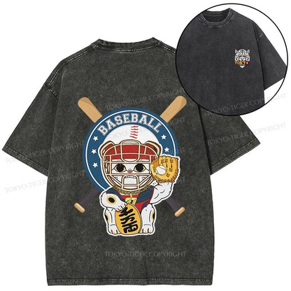 Tokyo-Tiger Janpaese Baseball Cat Front Back Washed T-Shirt