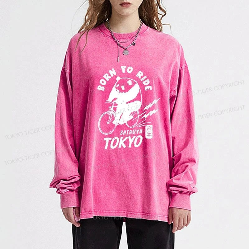 Tokyo-Tiger Pandas Ride Bicycles Washed Long Sleeve T-Shirt