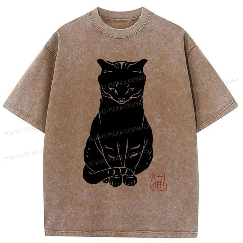 Tokyo-Tiger Black Cat Print Japanese Washed T-Shirt