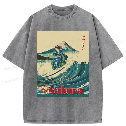 Tokyo-Tiger Geisha Surfing Washed T-Shirt