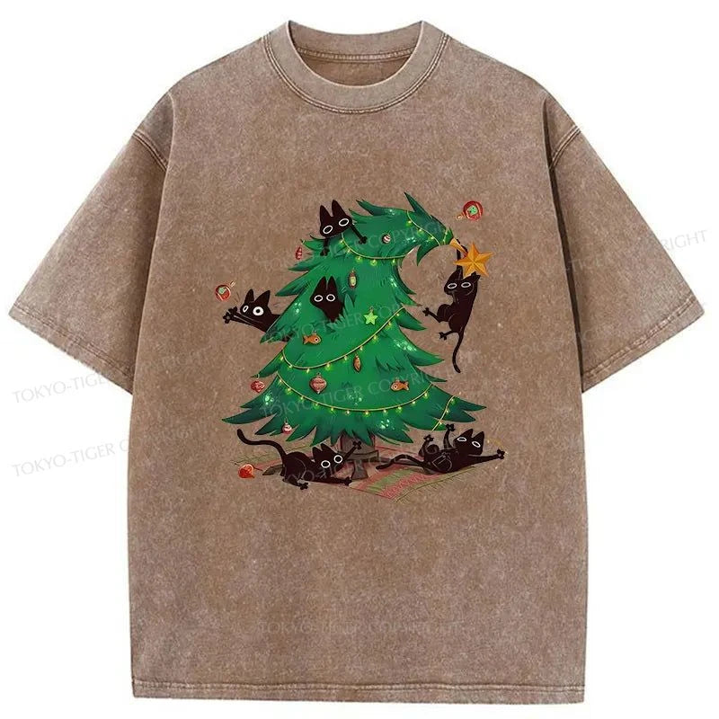 Tokyo-Tiger Cat Hiding In The Christmas Tree Washed T-Shirt