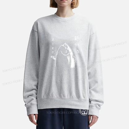 Tokyo-Tiger Japanese Fish Hold Up White Sweatshirt