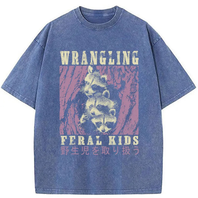 Tokyo-Tiger Wrangling Feral Raccoon Kids Washed T-Shirt