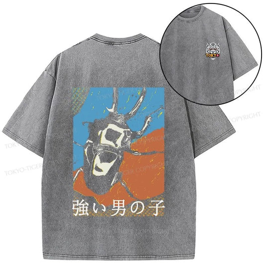 Tokyo-Tiger Strong Beetle Japanese Front Back Washed T-Shirt