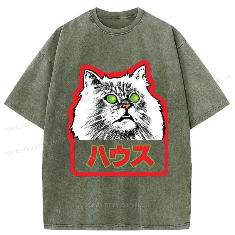 Tokyo-Tiger Residential White Cat Japanese Washed T-Shirt