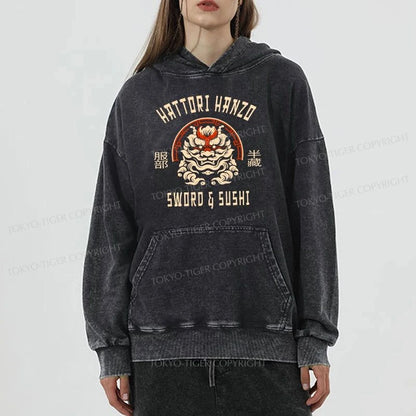 Tokyo-Tiger Hattori Hanzo Sword And Sushi Japanese Washed Hoodie