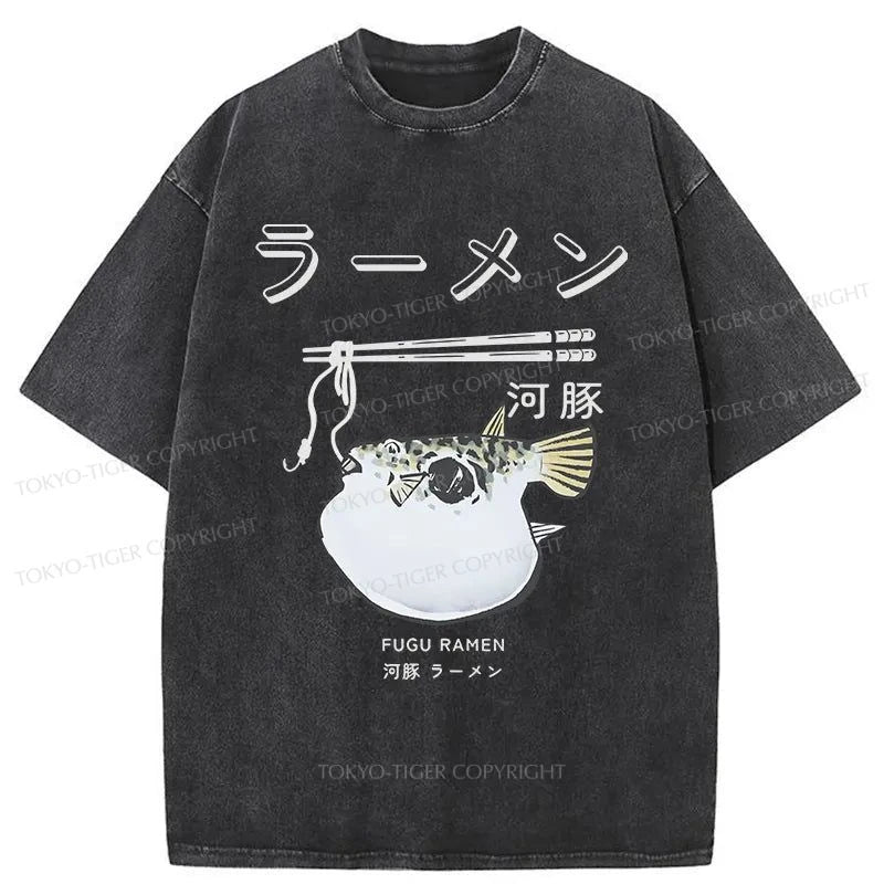 Tokyo-Tiger Pufferfish Eat Ramen Washed T-Shirt