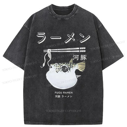 Tokyo-Tiger Pufferfish Eat Ramen Washed T-Shirt