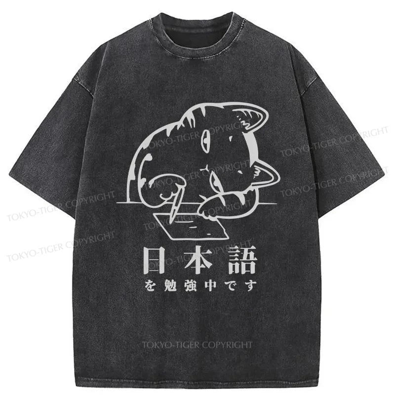 Tokyo-Tiger Cat Learns Japanese Washed T-Shirt