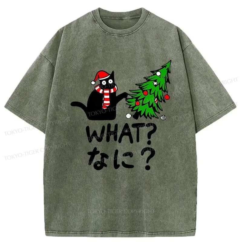 Tokyo-Tiger Naughty Cat Christmas Washed T-Shirt