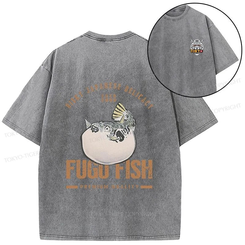 Tokyo-Tiger Fugu Fish Japanese Front Back Washed T-Shirt