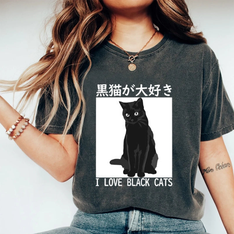 Tokyo-Tiger I LOVE BLACK CATS Japanese Washed T-Shirt