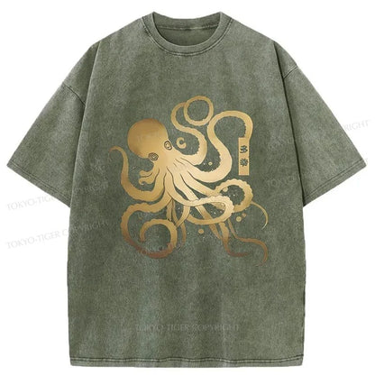 Tokyo-Tiger Japanese Calligraphy Version Of Octopus Washed T-Shirt