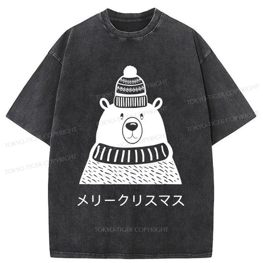 Tokyo-Tiger Cute Christmas White Bear Washed T-Shirt