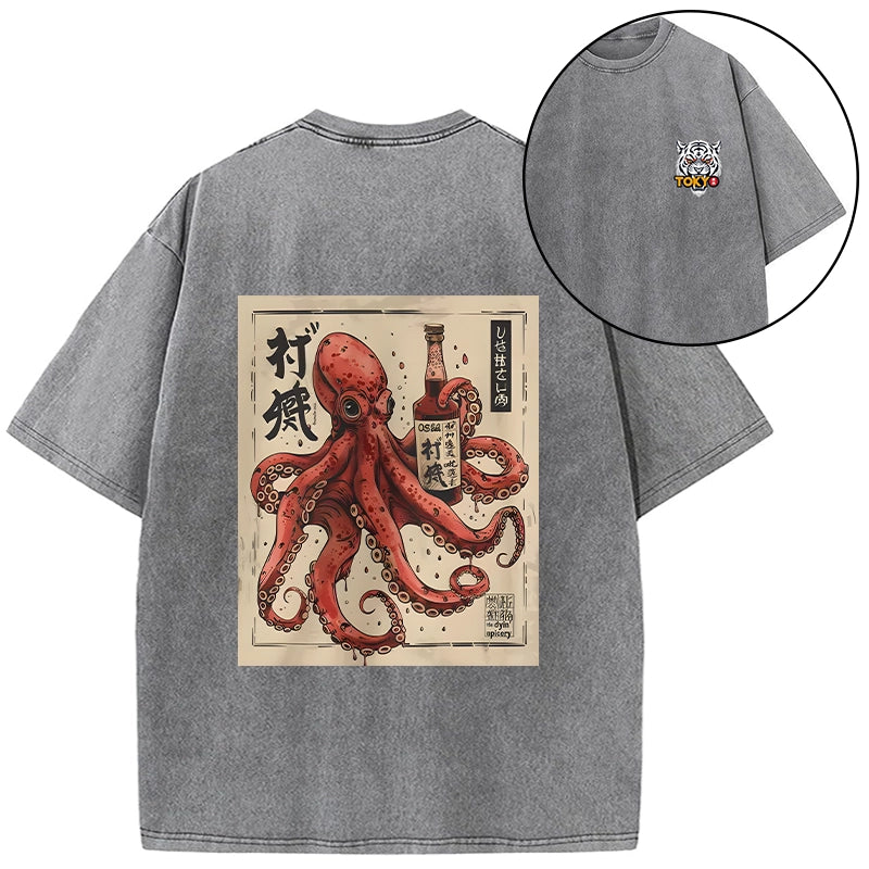 Tokyo-Tiger Osaka Saké Octopus Front Back Washed T-Shirt