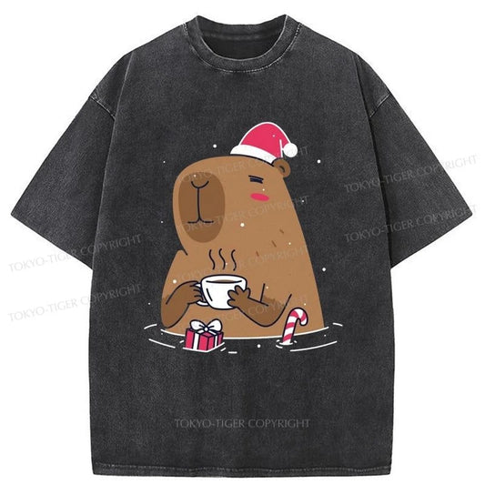 Tokyo-Tiger Santa Capybara In Christmas Washed T-Shirt