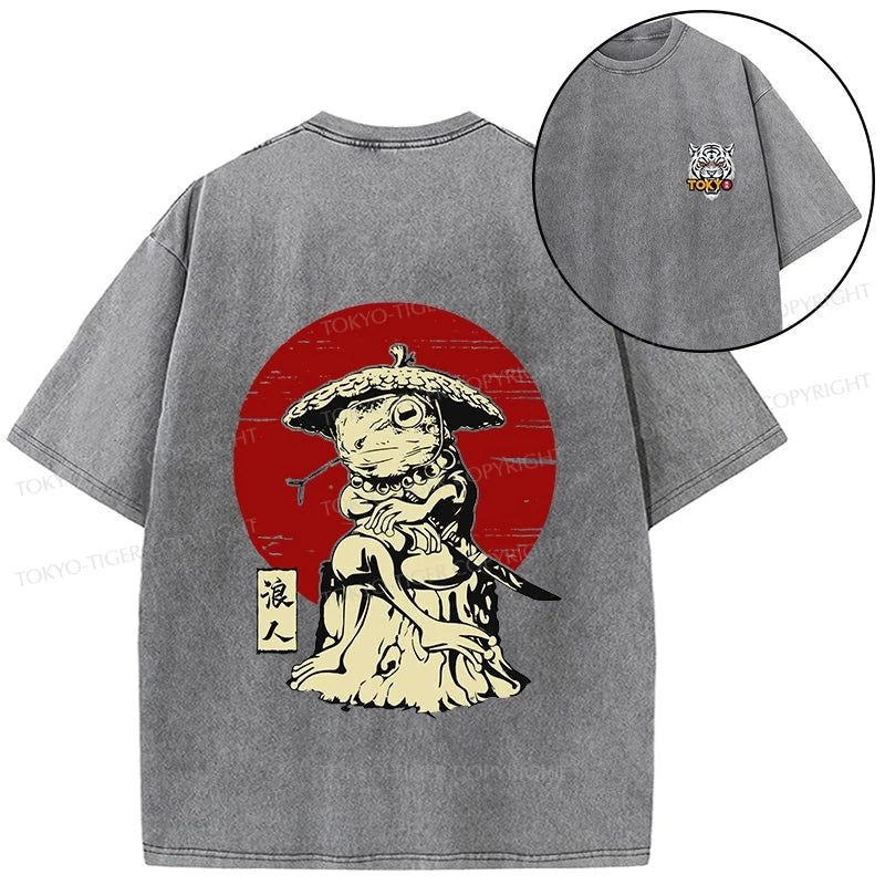 Tokyo-Tiger Rounin Japanese Frog Samurai Front Back Washed T-Shirt