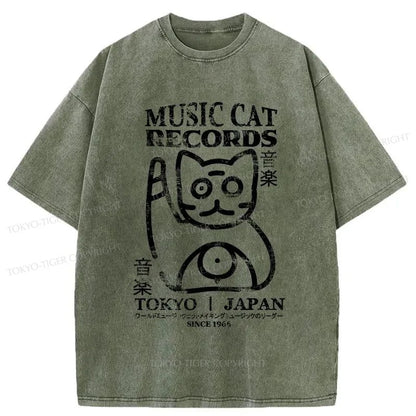 Tokyo-Tiger Music Cat Japanese Washed T-Shirt