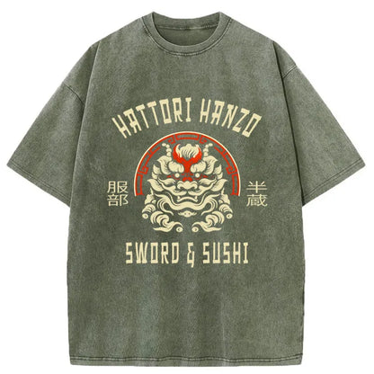 Tokyo-Tiger Hattori Hanzo Sword And Sushi Japanese Washed T-Shirt