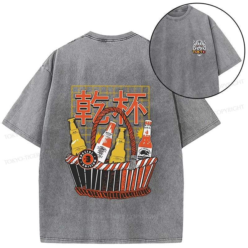 Tokyo-Tiger Have A Beer Together Front Back Washed T-Shirt