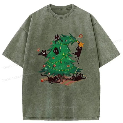 Tokyo-Tiger Cat Hiding In The Christmas Tree Washed T-Shirt