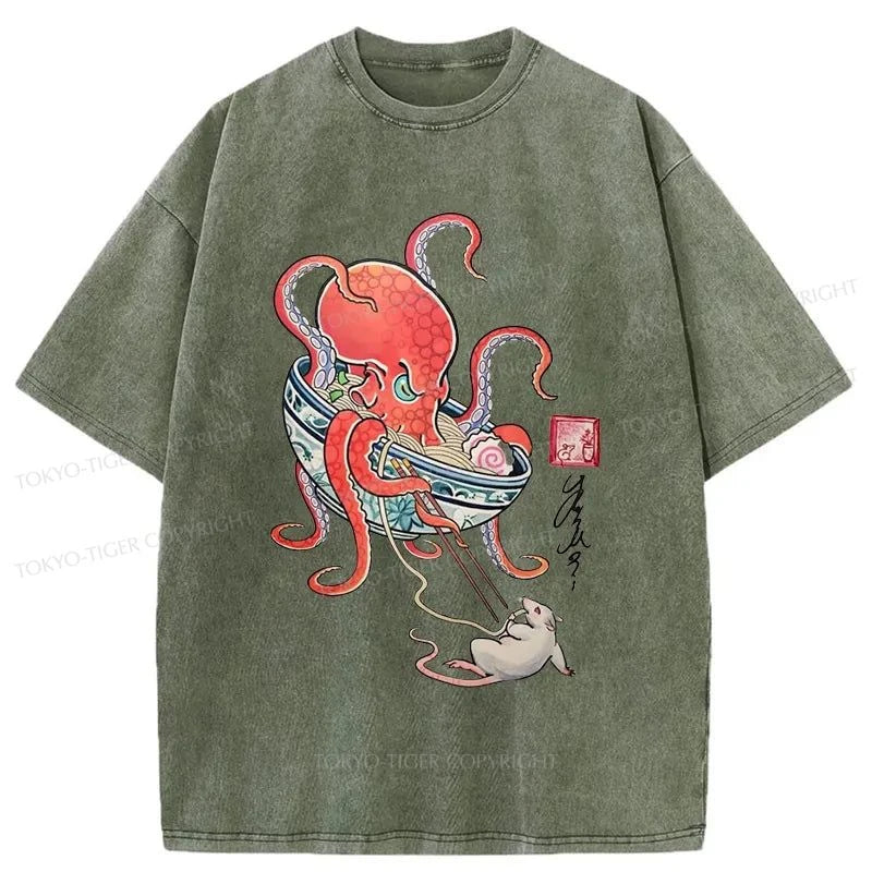 Tokyo-Tiger Octopus Versus Mouse Washed T-Shirt