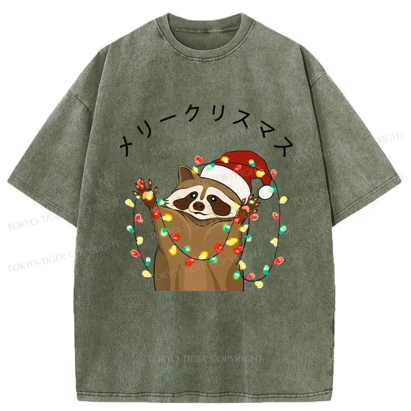 Tokyo-Tiger Raccoon Christmas Washed T-Shirt