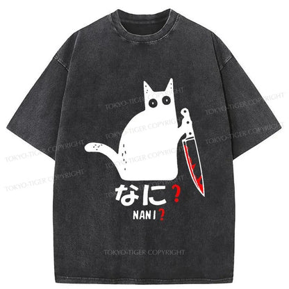 Tokyo-Tiger A Puzzled Cat Holding A Knife Washed T-Shirt