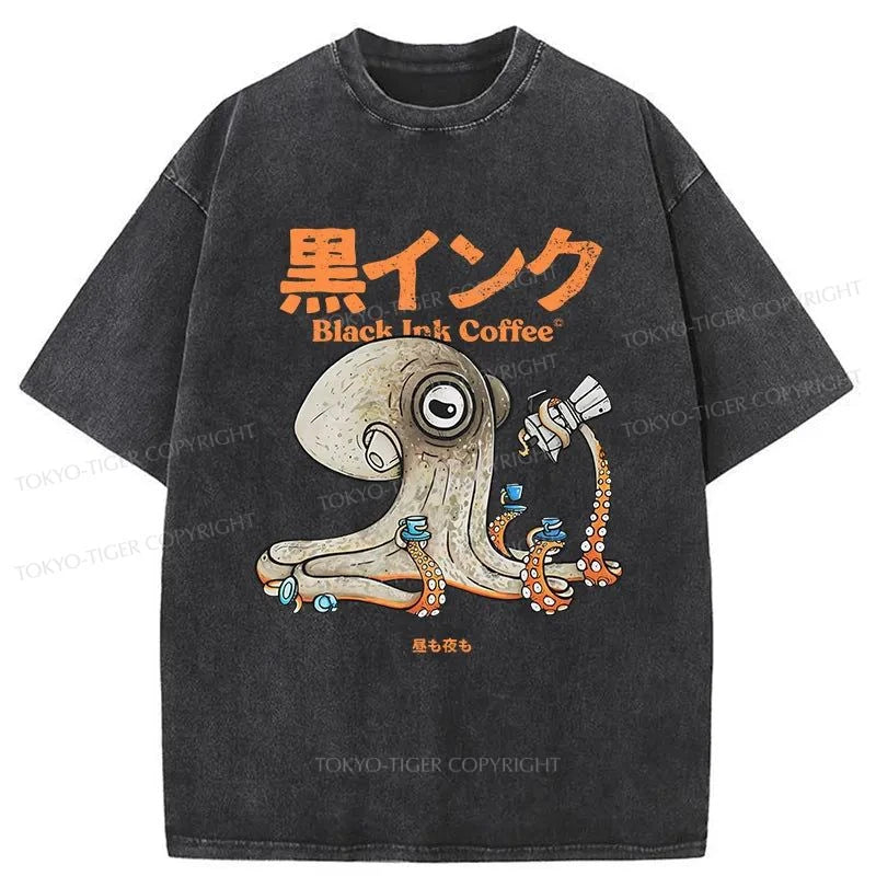 Tokyo-Tiger Octopus Drinks Black Coffee Washed T-Shirt