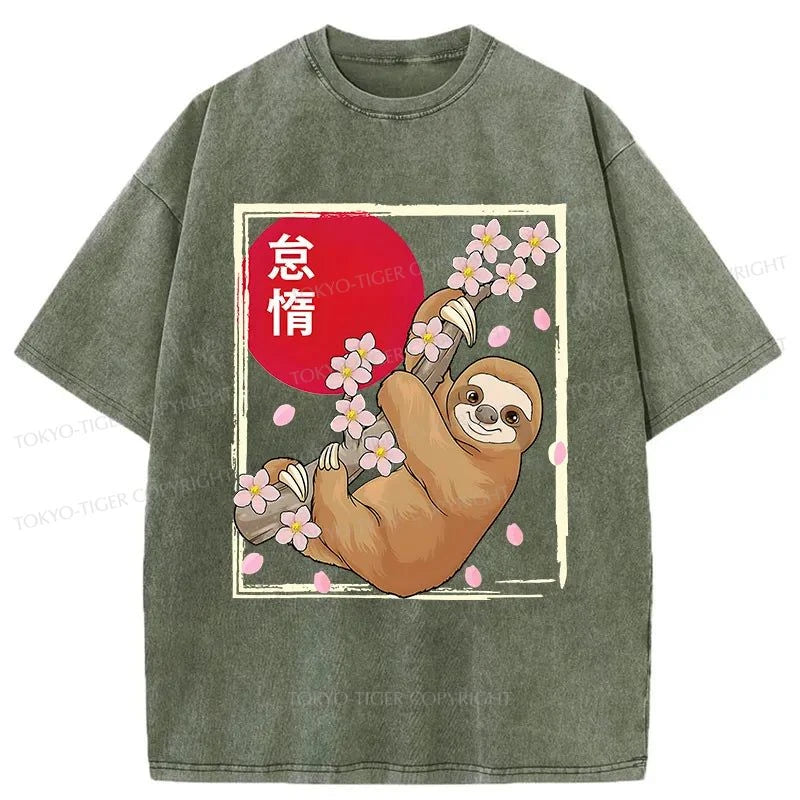 Tokyo-Tiger Sloths Climb On Cherry Trees Washed T-Shirt