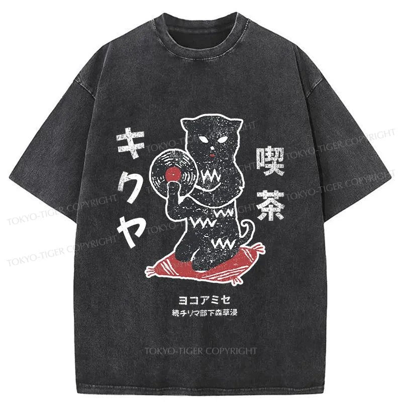 Tokyo-Tiger Vintage Black Cat Japanese Washed T-Shirt