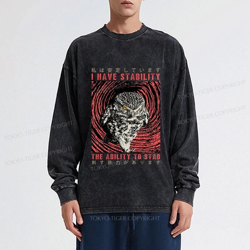 Tokyo-Tiger I Have Stability Owl Washed Long Sleeve T-Shirt