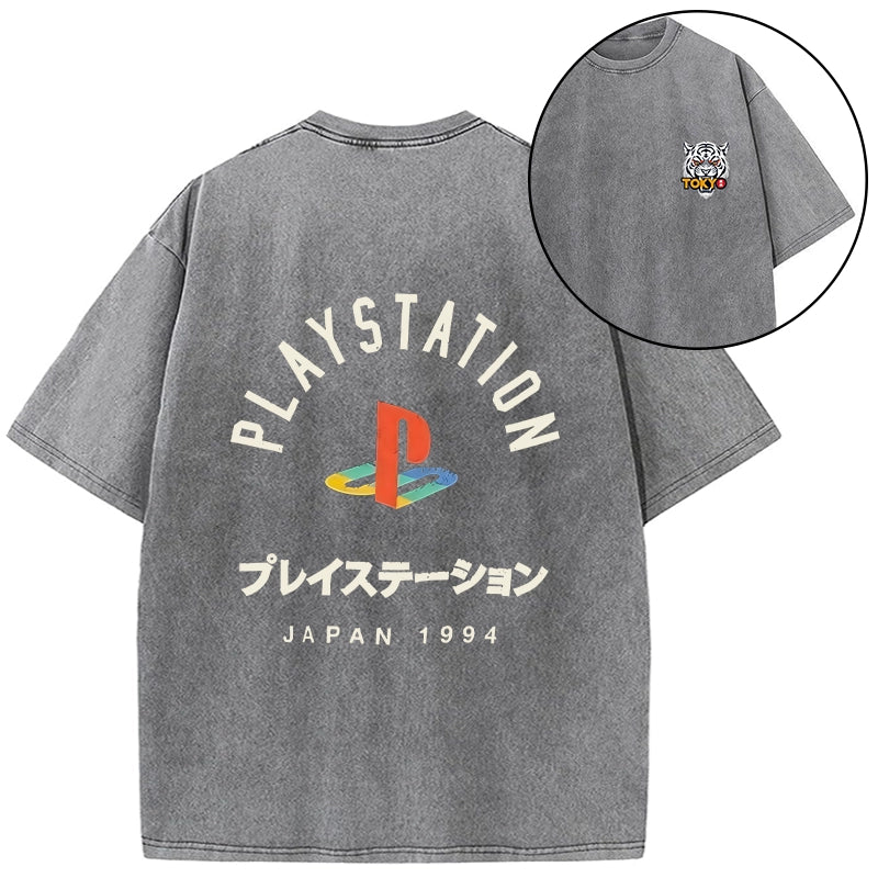 Tokyo-Tiger PlayStation Logo Japan Front Back Washed T-Shirt