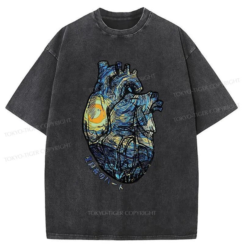 Tokyo-Tiger Van Gogh Starry Night Sky Heart Japanese Washed T-Shirt