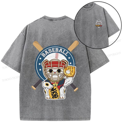 Tokyo-Tiger Janpaese Baseball Cat Front Back Washed T-Shirt