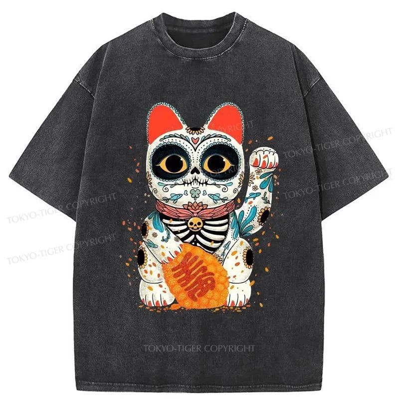 Tokyo-Tiger Skeleton Lucky Cat Washed T-Shirt