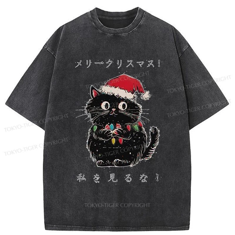 Tokyo-Tiger Black Cat Merry Fluffmas Washed T-Shirt