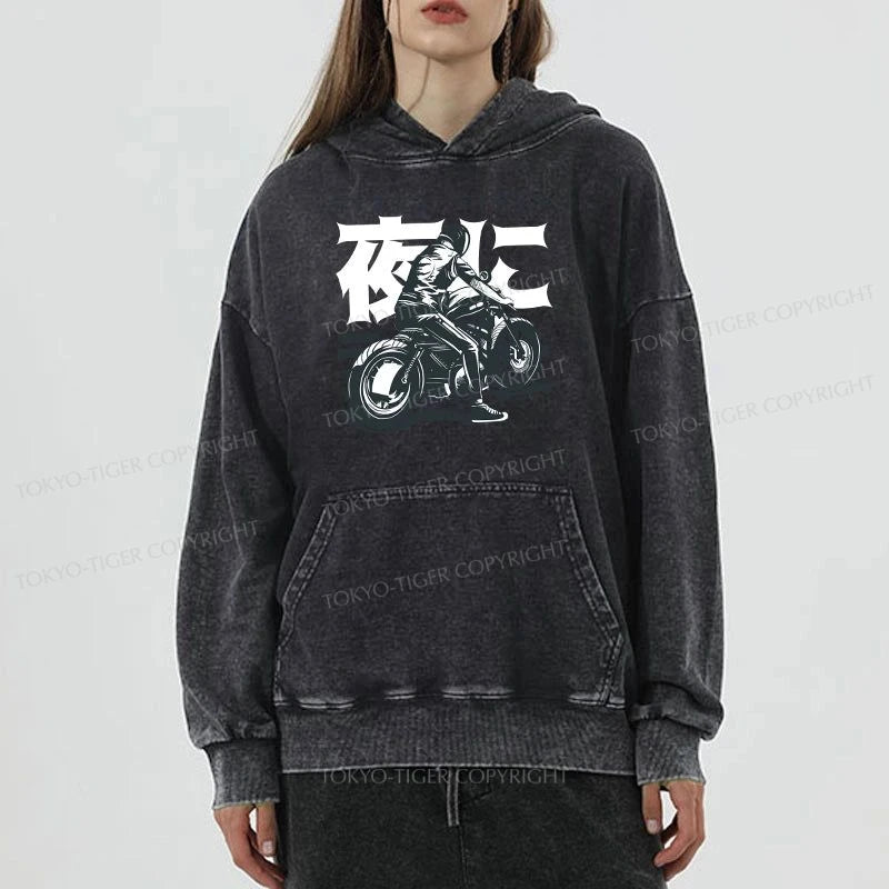 Tokyo-Tiger Motorcyclist Japanese Night Rider Washed Hoodie