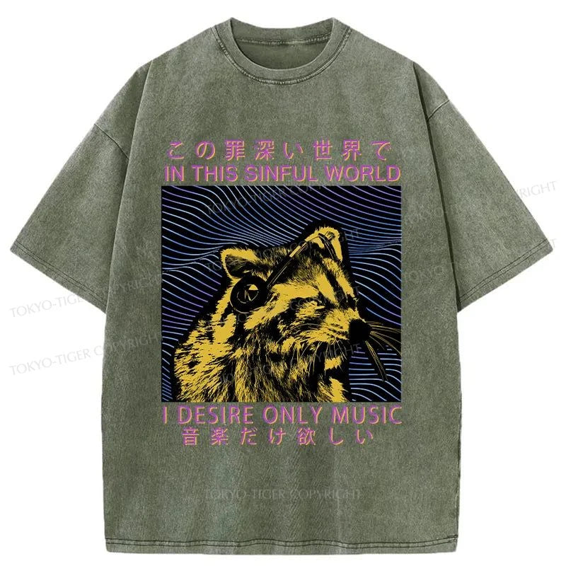 Tokyo-Tiger Raccoon Listening To Music Washed T-Shirt