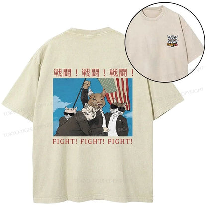 Tokyo-Tiger Fight Cat Japanese Front Back Washed T-Shirt