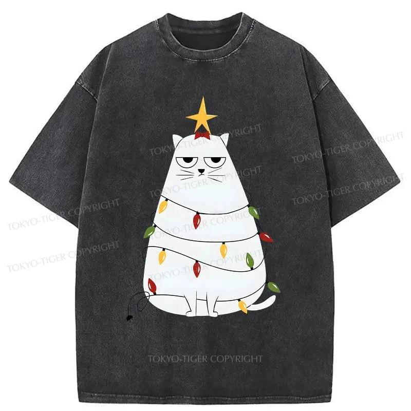 Tokyo-Tiger Chubby Cat Celebrates Christmas Washed T-Shirt