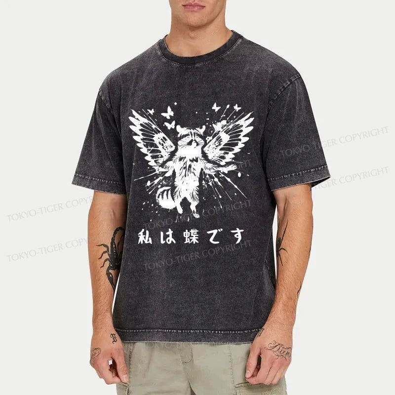 Tokyo-Tiger Raccoon Imagined He Was A Butterfly Washed T-Shirt